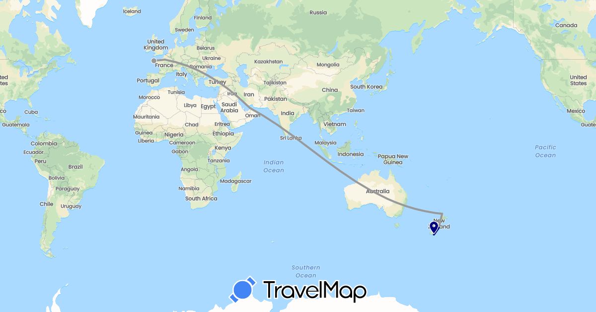 TravelMap itinerary: driving, plane in United Arab Emirates, France, New Zealand (Asia, Europe, Oceania)